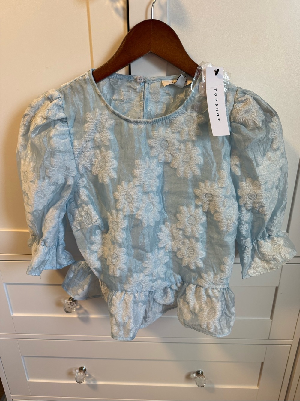 Topshop Pale Blue Daisy Embroidered Puff Sleeve Top